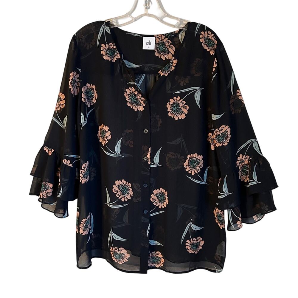 CAbi Black Pink Floral Fluttery 3/4-Sleeves Button Down Sheer Blouse Size Medium